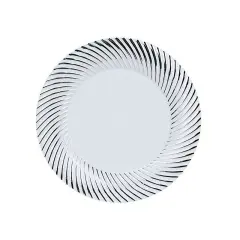 10 WHITE SILVER 9" Round Plastic Dinner PLATES Swirl Design