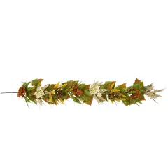 Northlight 5' x 10" Flowers with Wheat Artificial Fall Harvest Garland, Unlit Green