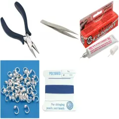 Bead Tip Kit - Pliers, Tweezers, Cement, 50 Bead Tips & Blue Bead Cord #6