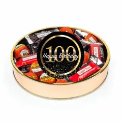 100th Birthday Sugar Free Candy Gift Tin Large Plastic Tin with Sticker and Hershey's Chocolate & Reese's Mix - By Just Candy
