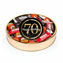 70th Birthday Sugar Free Candy Gift Tin Large Plastic Tin with Sticker and Hershey's Chocolate & Reese's Mix - By Just Candy