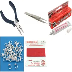 Bead Tip Kit - Pliers, Tweezers, Cement, 50 Bead Tips & Coral Bead Cord #6