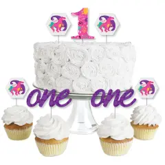 Big Dot of Happiness 1st Birthday Roar Dinosaur Girl - Dessert Cupcake Toppers - ONEasaurus Dino First Birthday Party Clear Treat Picks - Set of 24
