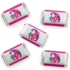Big Dot of Happiness Roar Dinosaur Girl - Mini Candy Bar Wrapper Stickers - Dino Mite T-Rex Baby Shower or Birthday Party Small Favors - 40 Count