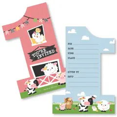 Big Dot of Happiness 1st Birthday Girl Farm Animals - Shaped Fill-In - Pink Barnyard First Birthday Party Invitation Cards with Envelopes - Set of 12