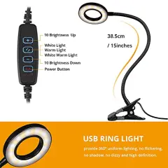 Desk Lamp Clip on Light, 48 LEDs USB Clip Ring Light with 3 Color Modes 10 Dimmable Brightness, Eye Protection Desk Light, 360&deg; Flexible Gooseneck for Desk Headboard Reading
