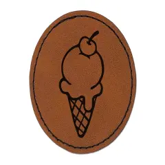 Hand Drawn Cute Ice Cream Cone Doodle Round Iron-On Engraved Faux Leather Patch Applique - 2.5" Brown