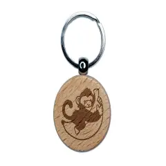 Baby Monkey Hugging Big Banana Engraved Wood Round Keychain Tag Charm