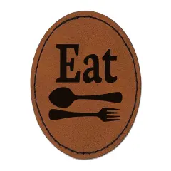 Eat Spoon and Fork Kitchen Round Iron-On Engraved Faux Leather Patch Applique - 2.5" Brown