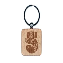 Sweet and Cute Flowers Rounded Block Number 5 Five Engraved Wood Square Keychain Tag Charm
