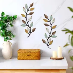 2 PCS Metal Tree Leaf Wall Decor Vine Olive Branch Leaf Wall Art Wrought Iron Scroll Above The Bed, Living Room, Outdoor Decoration (Bright Colors)