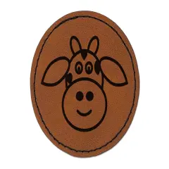 Cheerful Cow Face Doodle Round Iron-On Engraved Faux Leather Patch Applique - 2.5" Brown