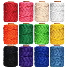 3 mm x 396 Yards Macrame Cord, Natural Cotton Twine, 12 Rolls 4 Strand Colored Macrame String, Colorful Cotton Rope for DIY Crafts Knitting, Artworks, Wall Hanging, Plant Hangers