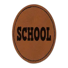 School Fun Text Round Iron-On Engraved Faux Leather Patch Applique - 2.5" Brown