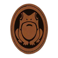 Cute Frog Sitting Round Iron-On Engraved Faux Leather Patch Applique - 2.5" Brown