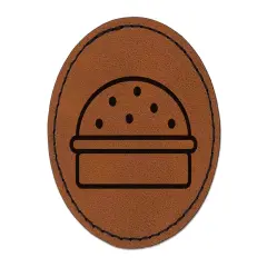 Hamburger Outline Fast Food Round Iron-On Engraved Faux Leather Patch Applique - 2.5" Brown