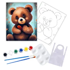 "Heart Teddy" DIY Canvas Art Kit, Adult Beginner, Acrylic Paint Size 11x14 inch