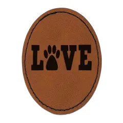 Love Paw Print Dog Cat Pet Text Round Iron-On Engraved Faux Leather Patch Applique - 2.5" Brown