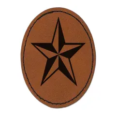 Nautical Star Round Iron-On Engraved Faux Leather Patch Applique - 2.5" Brown