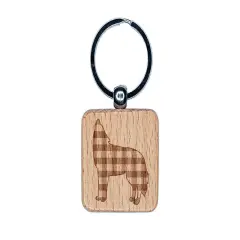 Plaid Howling Wolf Buffalo Print Engraved Wood Square Keychain Tag Charm