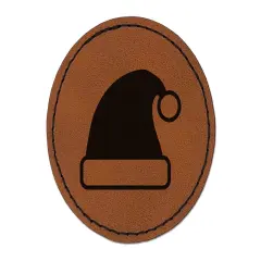 Christmas Santa Hat for the Holidays Round Iron-On Engraved Faux Leather Patch Applique - 2.5" Brown