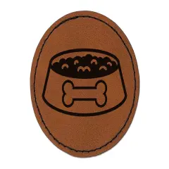 Dog Food Bowl Round Iron-On Engraved Faux Leather Patch Applique - 2.5" Brown