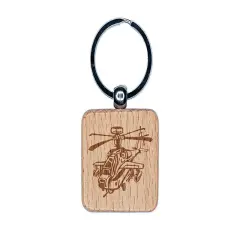 Cartoon Military Apache Attack Helicopter Chopper Engraved Wood Square Keychain Tag Charm
