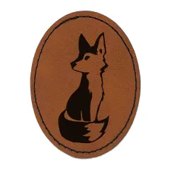 Curious Fox Sitting Looking Back Round Iron-On Engraved Faux Leather Patch Applique - 2.5" Brown