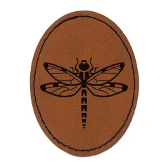 Dazzling Dragonfly Dasher Darner Insect Round Iron-On Engraved Faux Leather Patch Applique - 2.5" Brown