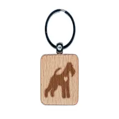 Wire Hair Fox Terrier Dog with Heart Engraved Wood Square Keychain Tag Charm