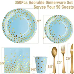 350 Pieces Blue and Gold Party Decorations 50 Guests Blue Paper Plates Plastic Forks Knives Spoons & Golden Dot Blue Party Plates Napkins Cups for 2023 Graduation Decorations Baby Shower Boy Birthday