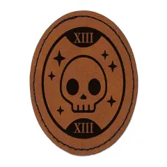 Death Tarot Card Round Iron-On Engraved Faux Leather Patch Applique - 2.5" Brown