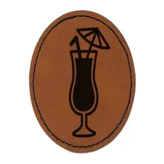 Daiquiri Cocktail Umbrella Drink Round Iron-On Engraved Faux Leather Patch Applique - 2.5" Brown