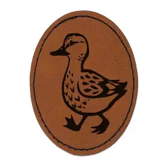 Cute Duck Walking Round Iron-On Engraved Faux Leather Patch Applique - 2.5" Brown