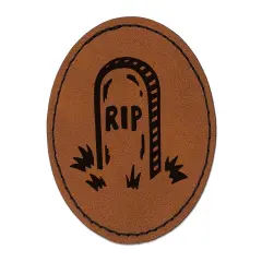 RIP Headstone Gravestone Tombstone Halloween Round Iron-On Engraved Faux Leather Patch Applique - 2.5" Brown