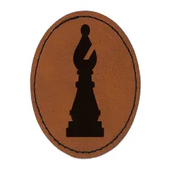 Chess Bishop Piece Round Iron-On Engraved Faux Leather Patch Applique - 2.5" Brown