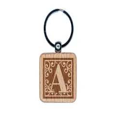 Monogram Swirls Capital Letter A Engraved Wood Square Keychain Tag Charm