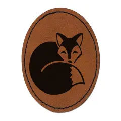 Fox Curled Up Sleeping Round Iron-On Engraved Faux Leather Patch Applique - 2.5" Brown