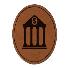 Bank Finance Money Icon Round Iron-On Engraved Faux Leather Patch Applique - 2.5" Brown