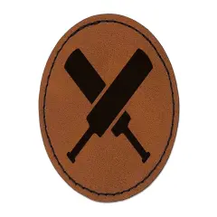 Crossed Cricket Bats Round Iron-On Engraved Faux Leather Patch Applique - 2.5" Brown