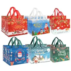 12 Pieces Large Reusable Christmas Tote Bags with Handles, Christmas Treat Bags, Multifunctional Non-Woven Christmas Bags for Gifts Wrapping, Shopping, Xmas, Party Favor Bags, 12.8" x 9.8" x 6.7"