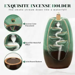 Backflow Incense Burner, Ceramic Waterfall Incense Burner Holder with 120 Incense Cones and 30 Incense Sticks Incense Fountain Smoke Waterfall for Meditation Zen Spiritual Room Home Decor, Cyan