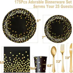 175 Pieces Black and Gold Party Supplies, Severs 25 Disposable Party Dinnerware Gold Plastic Forks Knives Spoons and Golden Dot Black Paper Plates Black Napkins Cups for New Years Graduation Birthday