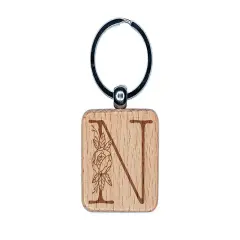 Rose Typewriter Font Capital Letter N Engraved Wood Square Keychain Tag Charm