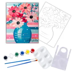 "Pink Bouquet In Blue Vase" DIY Canvas Art Kit, Adult Beginner, Acrylic Paint Size 11x14 inch