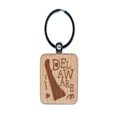 Delaware State with Text Swirls Engraved Wood Square Keychain Tag Charm
