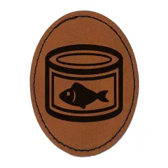 Can of Tuna Fish Round Iron-On Engraved Faux Leather Patch Applique - 2.5" Brown