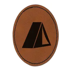 Tent Camping Round Iron-On Engraved Faux Leather Patch Applique - 2.5" Brown