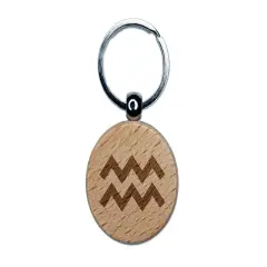 Aquarius Horoscope Astrological Zodiac Sign Engraved Wood Round Keychain Tag Charm