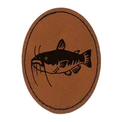 Freshwater Catfish Fish Fishing Round Iron-On Engraved Faux Leather Patch Applique - 2.5" Brown